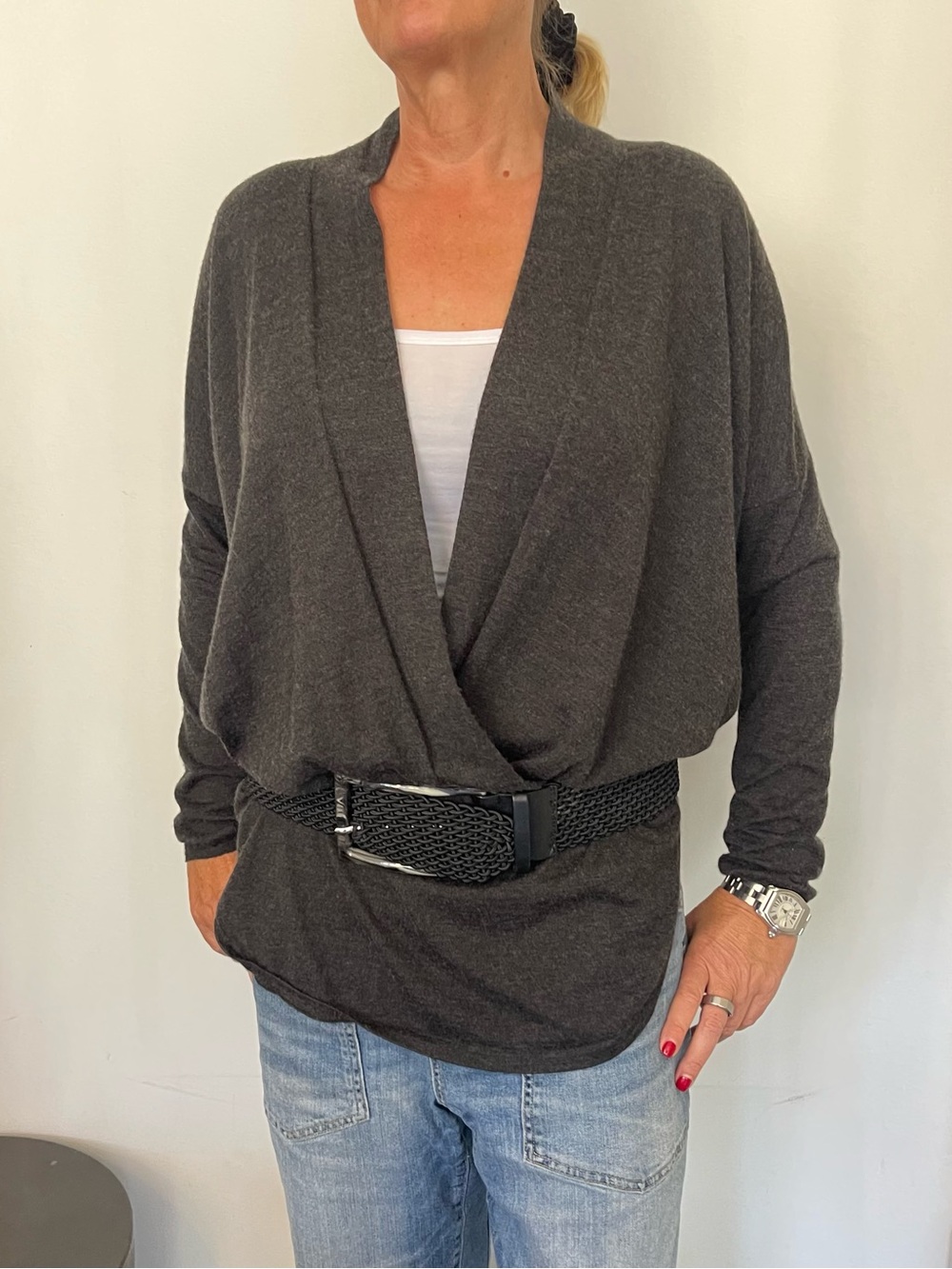 Brunello Cucinelli Charcoal Wrap-Front Knit Cardigan
